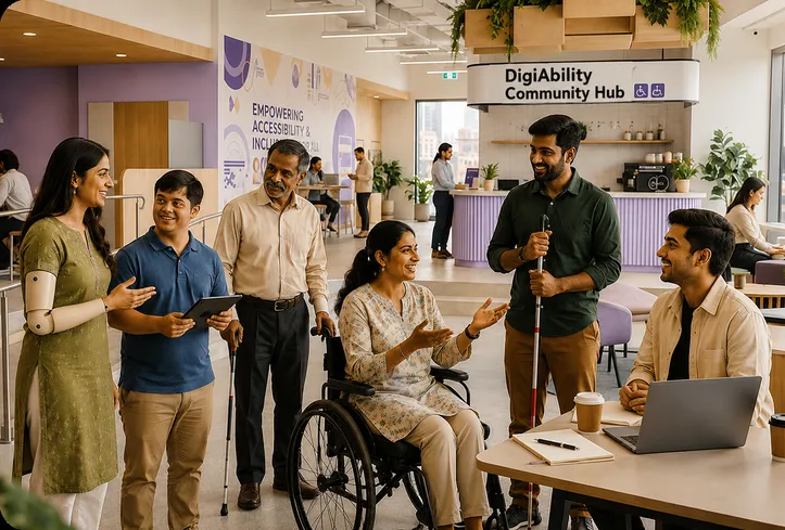 Persons with disabilities, caregivers and volunteers talking together at a DigiAbility Community Hub